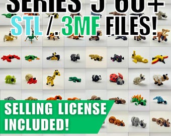 May include: A collection of 60+ 3D printable animal models in STL and 3MF file formats. The models are arranged in a grid on a white surface. The text "SERIES 5" and "SELLING LICENSE INCLUDED!" is displayed at the top and bottom of the image.