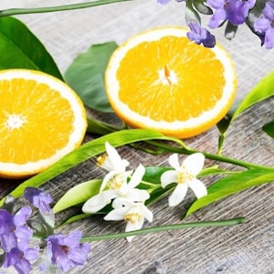 May include: Two halves of a fresh orange with white blossoms and purple lavender flowers on a wooden background.