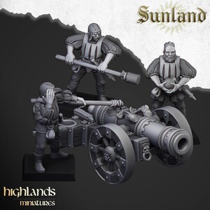 May include: Miniature figures of soldiers with a cannon. The figures are dressed in historical attire, with one holding a large mallet. The cannon has large wooden wheels. The image includes the text "Sunland" and "highlands miniatures".