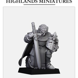 May include: A gray miniature figurine of a knight kneeling, holding a sword and helmet. The knight wears chainmail and a cape. The text "HIGHLANDS MINIATURES" is at the top of the image.