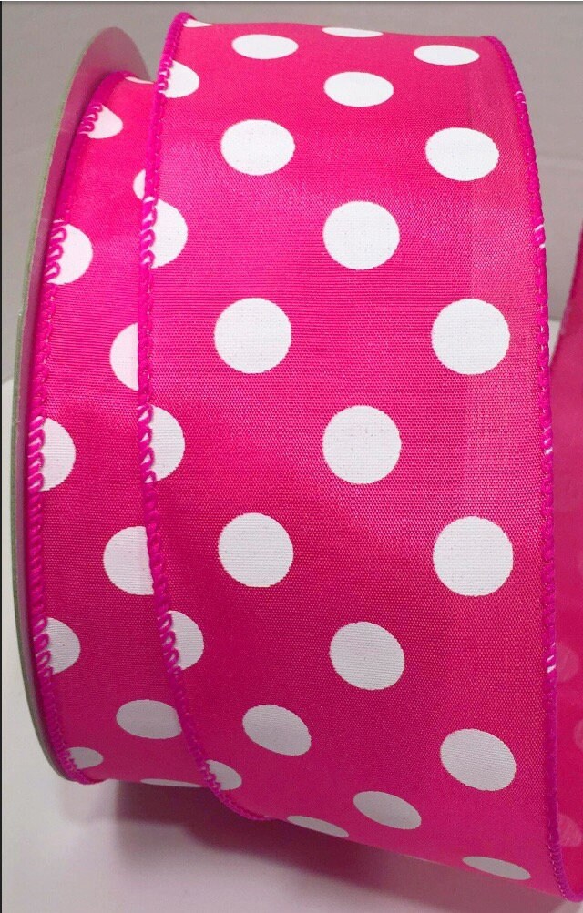 YARDS of Inch Wired Satin Ribbon in Fuchsia With White Polka