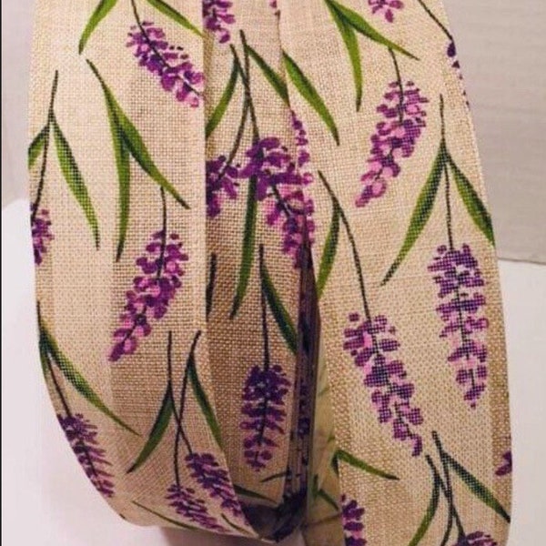 5 YARDS of 1.5 inch Wired Ribbon in Beige with Purple Flowers - Bows Wreaths Decor Hair Bows Spring Summer Floral Lavender Springtime