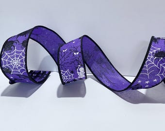 1.5” Purple Halloween Ribbon with black spiders and white skeletons