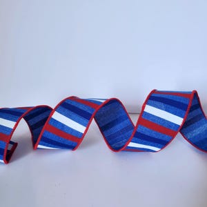Red, White, and Blue stripes Faux Burlap Wired Ribbon: 1.5 inch, 5 Yards