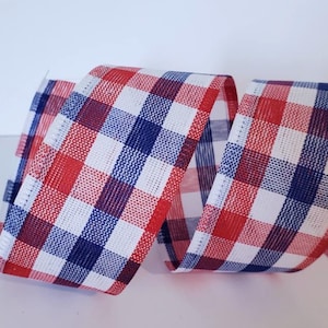 Wired Patriotic Plaid Ribbon, 1.5" Red White Blue, July 4th Decor
