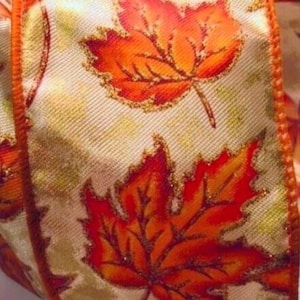 Autumn Fall Thanksgiving Leaves Wired Ribbon, Craft Supplies for Making Handmade Wreaths and Bows, 2.5”x5 yards