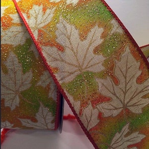Herbstlaub verdrahtete Band, grüne und orange Blätter verdrahtete Druck-Band für Kränze, Herbst-Handwerk-Band 2,5 "5 Yards