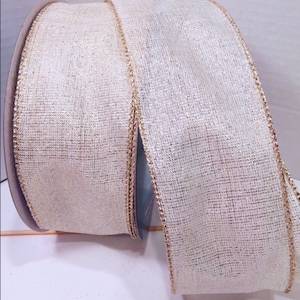 5 yardas de hermosa cinta con cable de 2,5 pulgadas en beige con hilos dorados metálicos - Para arcos, coronas, decoración, lazos para el cabello, bodas, aniversarios