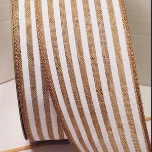 Schönes 6,5 cm Drahtband in Weiß mit Natur Beige Streifen - 5 Meter für Schleifen, Kränze, Dekoration, Haarschleifen, Bauernhaus, Landhaus