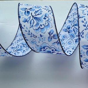 Blått blommigt band, 6,5 cm trådkant, Chinoiserie lantlig stil, per kubikmeter