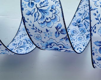 Blue Floral Ribbon, 2.5 Inch Wired Edge, Chinoiserie Farmhouse Style, Per Yard