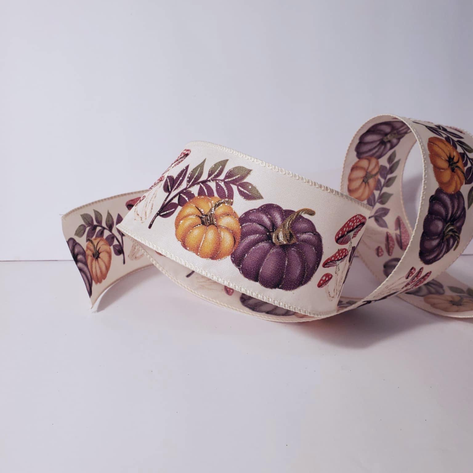 2.5” wired Fall ribbon in beige with orange and purple pumpkins and mushrooms