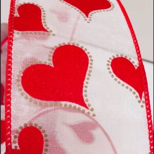 5 YARDAS de cinta con cable de 2,5 pulgadas en blanco transparente con corazones de terciopelo rojo para lazos, coronas, decoración, lazos para el cabello, día de San Valentín, aniversario, boda