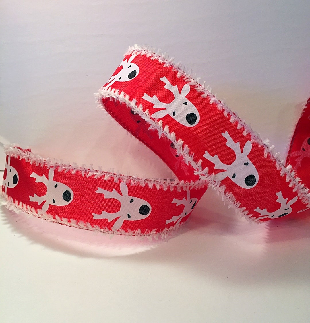 Adorable 1.5 Inch Red Ribbon With Reindeer and White Chenille Wired ...