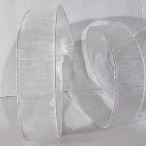 May include: A wide, semi-sheer white ribbon with a subtle shimmering texture and a fine, woven finish. The ribbon is coiled in a loose, flowing spiral shape, showcasing its translucent quality and consistent, clean white colour throughout the length.