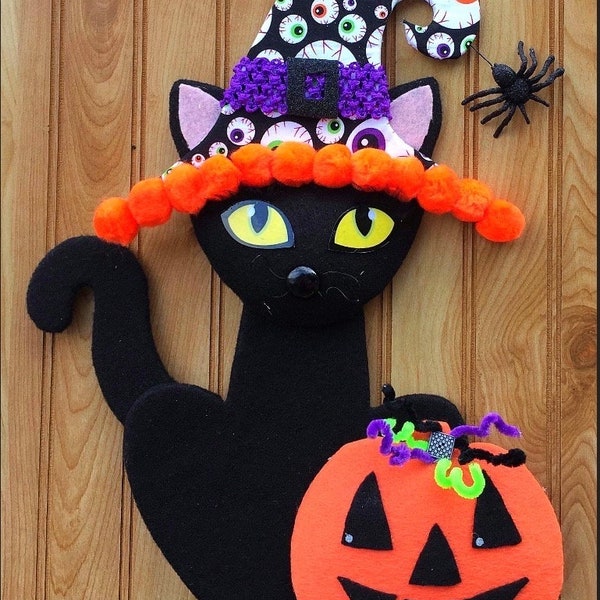 Black cat spider pumpkin Halloween wreath attachment, Halloween decor, Halloween wreath attachment