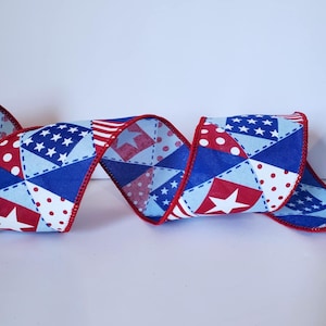 Red & Blue patchwork Wired Ribbon - 2.5 Inch, 5 Yards