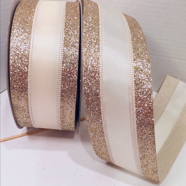 5 yards of 2.5” wired ribbon in Gold glitter and ivory - Bows Wreaths Decor Hair Bows Christmas Anniversary Holiday Celebration