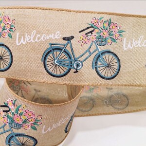 Beau ruban câblé imitation toile de jute naturelle de 2,5 pouces avec vélo bleu et bienvenue - 5 mètres pour noeuds, couronnes, décoration, ferme, campagne