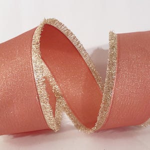 May include: A coral-coloured ribbon featuring a shimmering, metallic gold frayed edge. The ribbon is arranged in a loose, flowing S-curve, showcasing its textured fabric surface and the reflective quality of the gold trim along both sides.