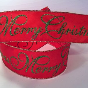 Bellissimo nastro di raso rosso cablato da 2,5 pollici con scritta "Buon Natale" in glitter verde - 5 YARD per fiocchi, ghirlande, decorazioni, fiocchi per capelli