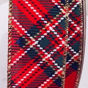 Linda fita xadrez tartan com fio de 1,5 polegadas em azul marinho, verde, vermelho, branco e dourado - 5 jardas para laços, guirlandas, laços de cabelo, Natal