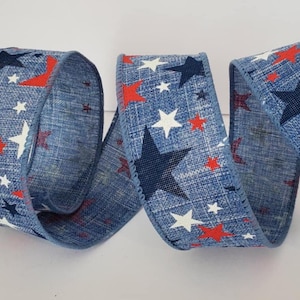 YARDS of 1.5 inch Wired Canvas Ribbon in Blue with Red White & Blue Stars - Bows Wreaths Decor Hair Bows Patriotic Independence Day July 4