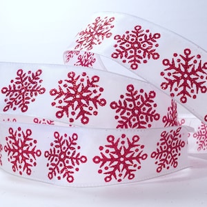 5 yards van 1,5" bedraad lint in wit met rode sneeuwvlokken, strikken, kransen, decor, haarelastiekjes, kerstvakantie