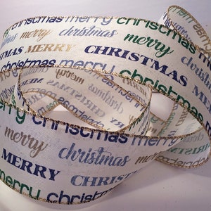 Beau ruban blanc de 2,5 pouces avec un joyeux Noël et un bord câblé doré - 5 mètres Idéal pour les noeuds, les couronnes, la décoration et l'emballage cadeau