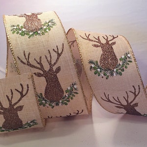 Schöne 2,5-Zoll-Jute mit Bronze Glitter Rentier und Girlande Weihnachstband - 5 Meter Für Bögen, Kränze, Dekorieren und Einwickeln