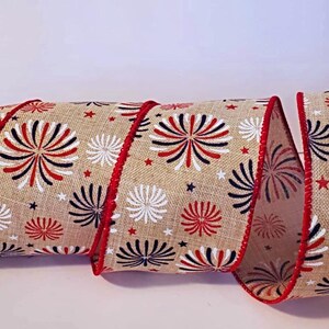 2.5" Wired Patriotic Ribbon, Red White Blue Fireworks, Beige