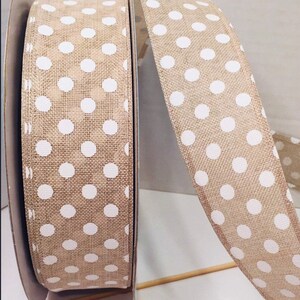 Beau ruban de lin métallique de 1,5 pouce en taupe à pois blancs - 5 mètres pour décoration de couronnes de noeuds Printemps, automne, ferme