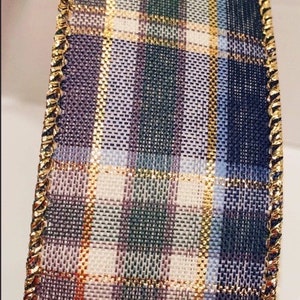 Beau ruban à carreaux bleu marine, vert foncé et blanc avec fils de 1,5 pouce avec fils dorés - 5 mètres pour noeuds, couronnes, décoration de ferme de Noël