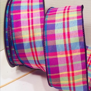 Beau ruban à carreaux filaire de 2,5 pouces en rose, jaune, violet et bleu/5 mètres pour les arcs, couronnes, décoration, arcs à cheveux, printemps, été, Pâques