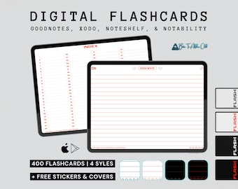 Könnte beinhalten: Digitale Karteikarten für Goodnotes, Xodo, Noteshelf und Notability. Das Bild zeigt zwei digitale Karteikarten mit weißem Hintergrund und roten Linien. Die obere Karte trägt das Wort "INDEX" und die untere Karte das Wort "ANSWER". Das Bild zeigt auch vier verschiedene Stile von Karteikarten mit schwarzem, weißem und rotem Hintergrund.