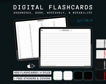 Könnte beinhalten: Digitale Karteikarten für Goodnotes, Xodo, Noteshelf und Notability. Das Bild zeigt eine digitale Indexseite und eine leere Karteikartenvorlage mit dem Wort "ANSWER" oben. Unten sind vier verschiedene Karteikartenstile dargestellt, die jeweils ein anderes Randdesign haben.