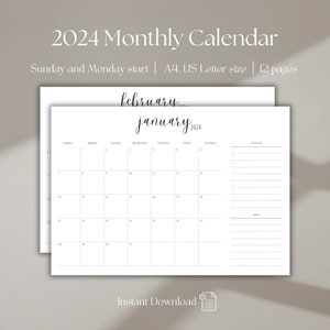 2024 Printable Monthly Calendar, Landscape, Minimalist and Elegant Calendar, Sunday and Monday Start, Print ar Home PDF