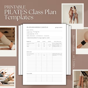 Può includere: Modelli stampabili di piani di lezioni di Pilates. L'immagine presenta un piano di lezioni di Pilates Reformer con sezioni per il riscaldamento, il flusso principale e il defaticamento. Il testo include "Download istantaneo | A4 | 5 PDF".