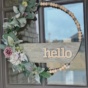 Beaded Hoop Wreath, Hello, Eucalyptus, Lambs Ear, Neutral, Boho Decor, Customizable, Welcome, TOP SELLER