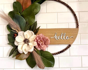 Beaded Hoop Wreath, Hello, Magnolia, Boho Decor, Welcome, TOP SELLER