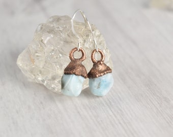 Natural Larimar Earrings, Stone Earrings, Drop Dangle Earrings, Silver + Copper Earrings, Blue Larimar Jewelry, Raw Gemstone Jewelry