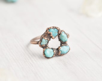 Raw Turquoise Ring, Copper Ring, Rough Turquoise Jewelry, Circle Stone Ring, Unique Gemstone Ring, Crystal Ring, December Birthstone Ring