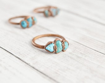 Raw Turquoise Ring, Stone Ring, Copper Ring, Rough Turquoise Jewelry, Natural Gemstone Ring, Healing Crystal Ring, December Birthstone Ring