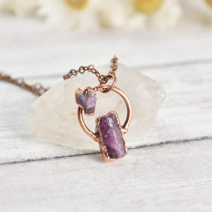 Raw Ruby Necklace, Antique Copper Pendant, Rough Bohemian Gemstone, Healing Crystal Jewelry, Ruby Bar and Heart
