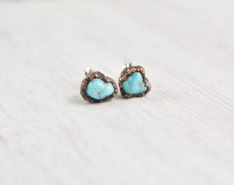 Raw Turquoise Stud Earrings, Small Stone Earrings, Crystal Copper Earrings, Natural Turquoise Jewelry, Tiny Womens Gemstone Earrings