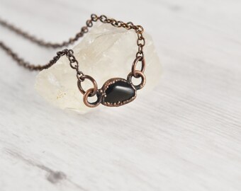 Natural Black Obsidian Necklace, Dainty Gemstone Pendant Necklace, Healing Crystal Necklace, Copper Stone Necklace, Raw Obsidian Jewelry