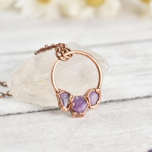 Raw Ruby Necklace, Antique Copper Pendant Hoop, Rough Bohemian Gemstone, Healing Crystal Jewelry