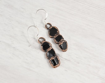 Black Obsidian Earrings, Raw Stone Earrings, Silver + Copper Earrings, Healing Crystal Earrings, Black Obsidian Jewelry, Dangle Earrings