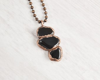 Raw Black Obsidian Necklace, Pendant Necklace for Protection, Healing Crystal Necklace, Copper Stone Necklace, Natural Obsidian Jewelry