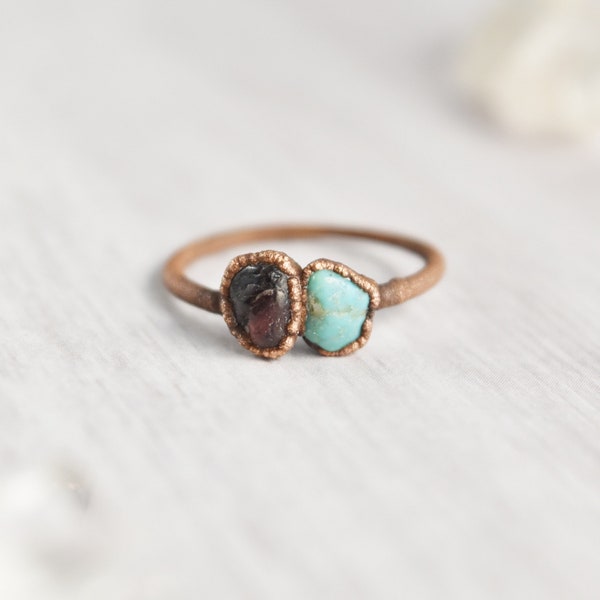 Raw Turquoise and Garnet Ring, Capricorn Stone Ring, January and December Birthstone Ring, Copper Ring, Rough Garnet and Turquoise Jewelry